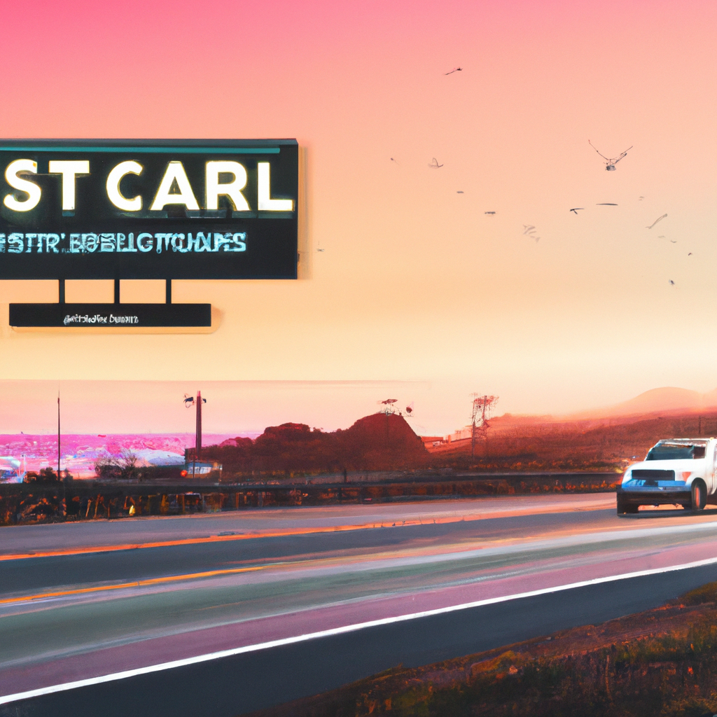 Sunlit coastal road and neon motel — cinematic travel scene